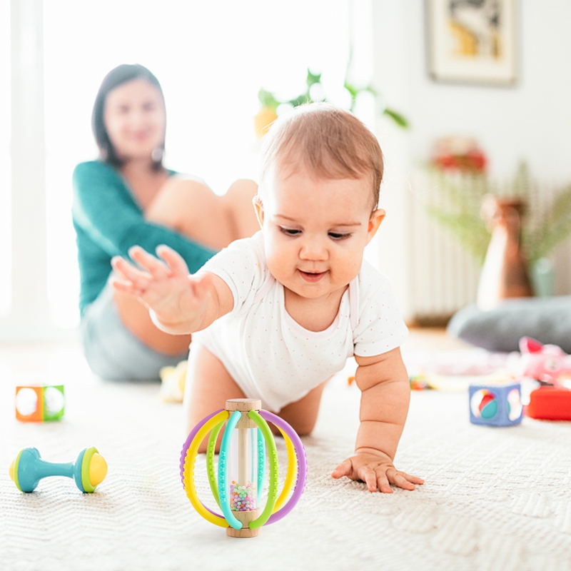 Wooden Rain Drum Baby Rattle with Silicone Teether, Montessori Sensory Toy for Newborn Teething