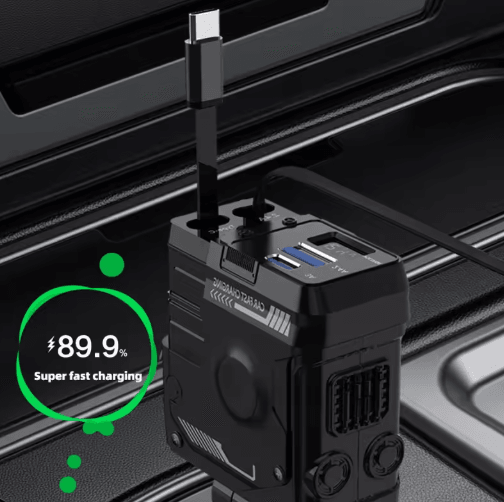Retractable 4-in-1 Fast Charging Car Charging Cable & Adapter Universal Multi-Device Power Solution