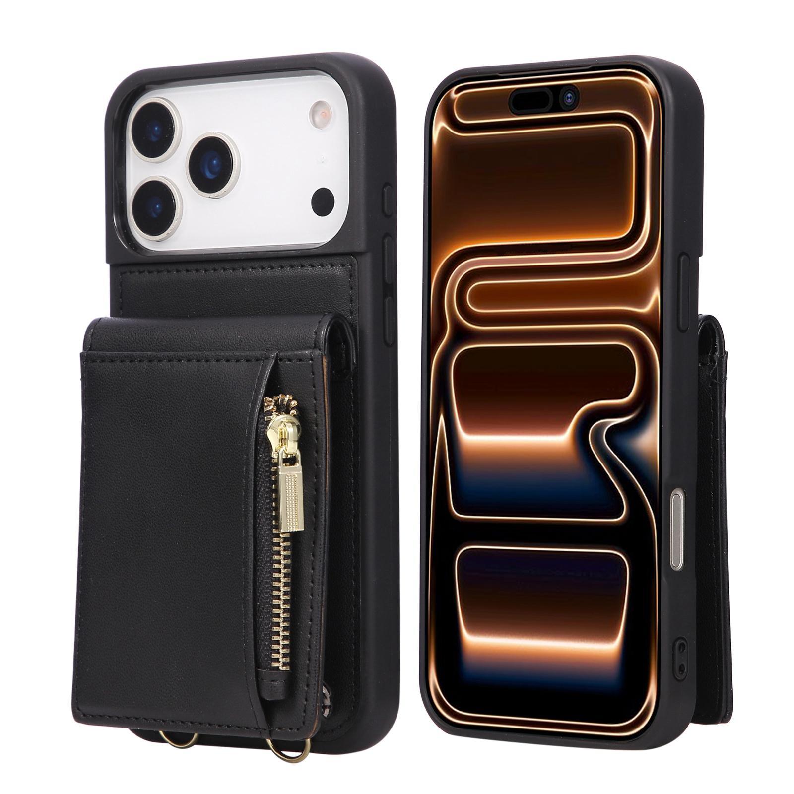 Leather Crossbody iPhone Wallet Case with Zipper Pocket & Lanyard Strap