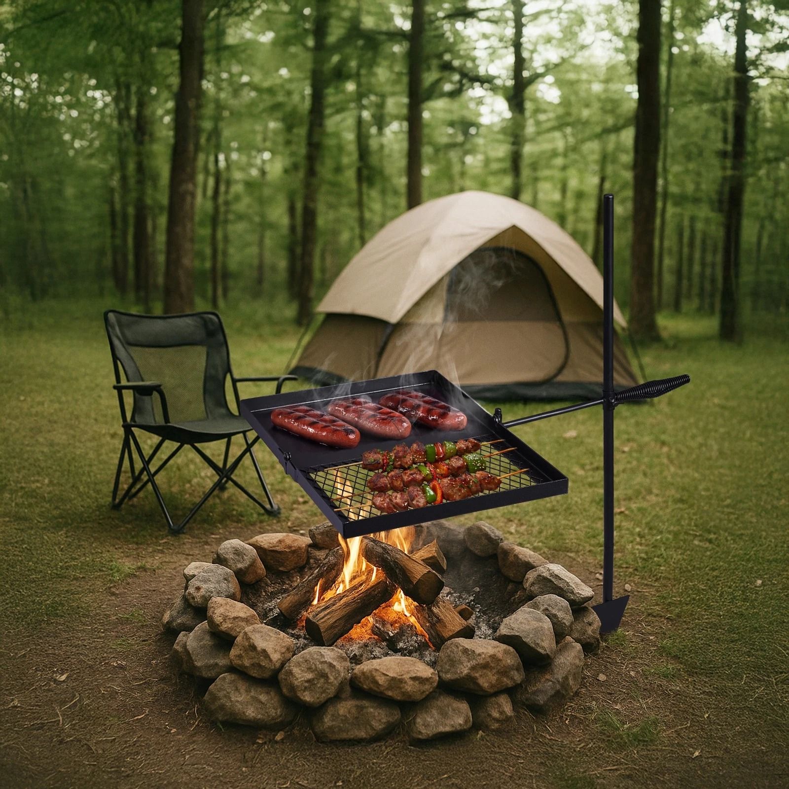 Heavy Duty Steel Swivel Campfire Grill - Foldable & Adjustable Outdoor Fire Cook Grate for Camping