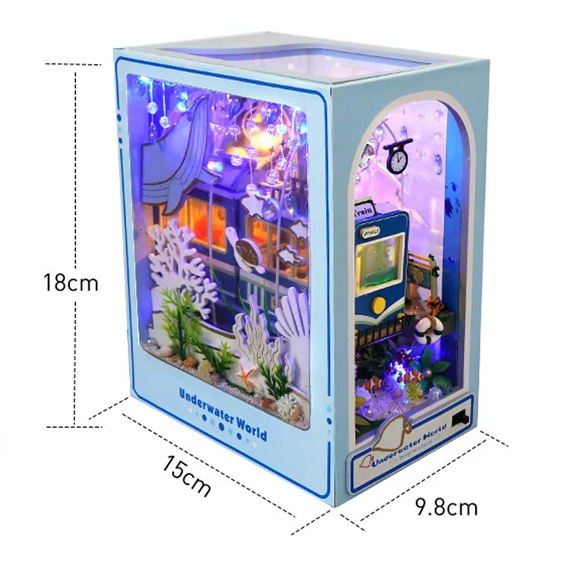 DIY Book Nook Kit Wooden Dollhouse Building Set LED Bookshelf Insert Miniature House Bookend