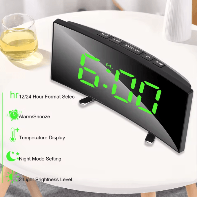 7-Inch Curved LED Mirror Alarm Clock – Dimmable Digital Table Clock with Large Display