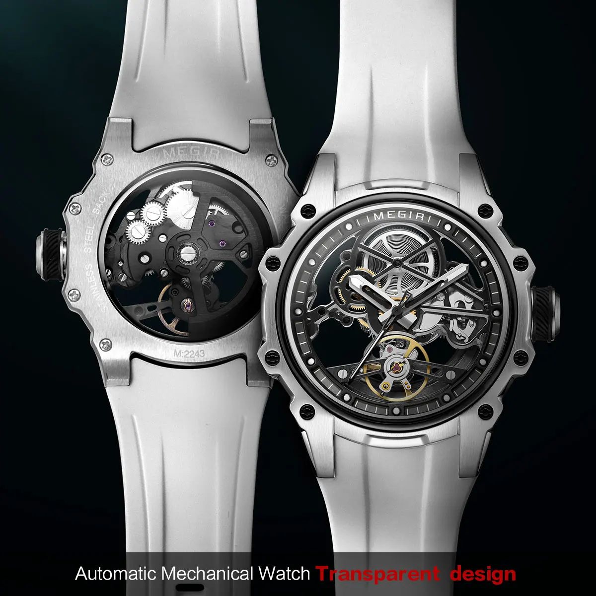 MEGIR Skeleton Dial Automatic Mechanical Watch Waterproof Luminous Sport Watch with Silicone Strap