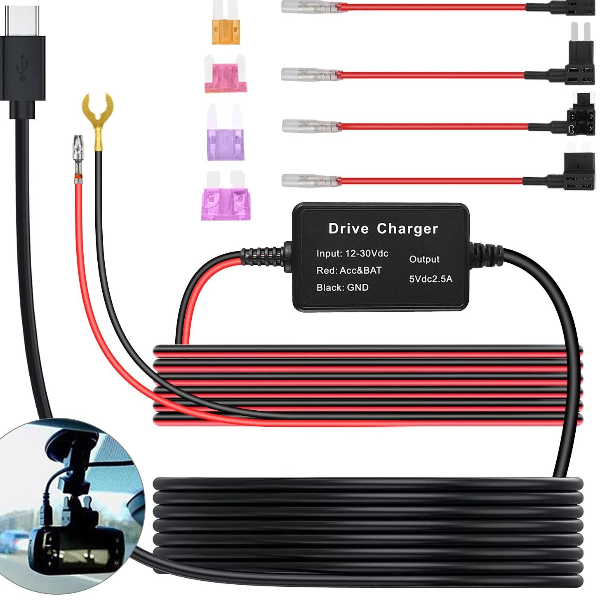 Dash Cam Hardwire Kit, Type C Connector, Car Power, Fuse, Low Voltage Protection