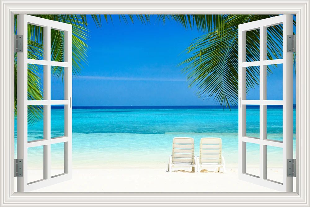 3D Beach Window View Wall Sticker – Ocean Sky Landscape Peel & Stick PVC Wallpaper