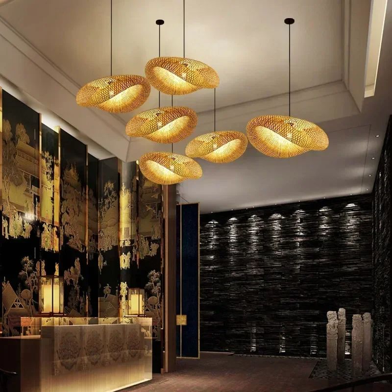 Bamboo Hand Weaving Pendant Light, LED Ceiling Lamp Rattan Chandelier for Home & Bedroom Decor