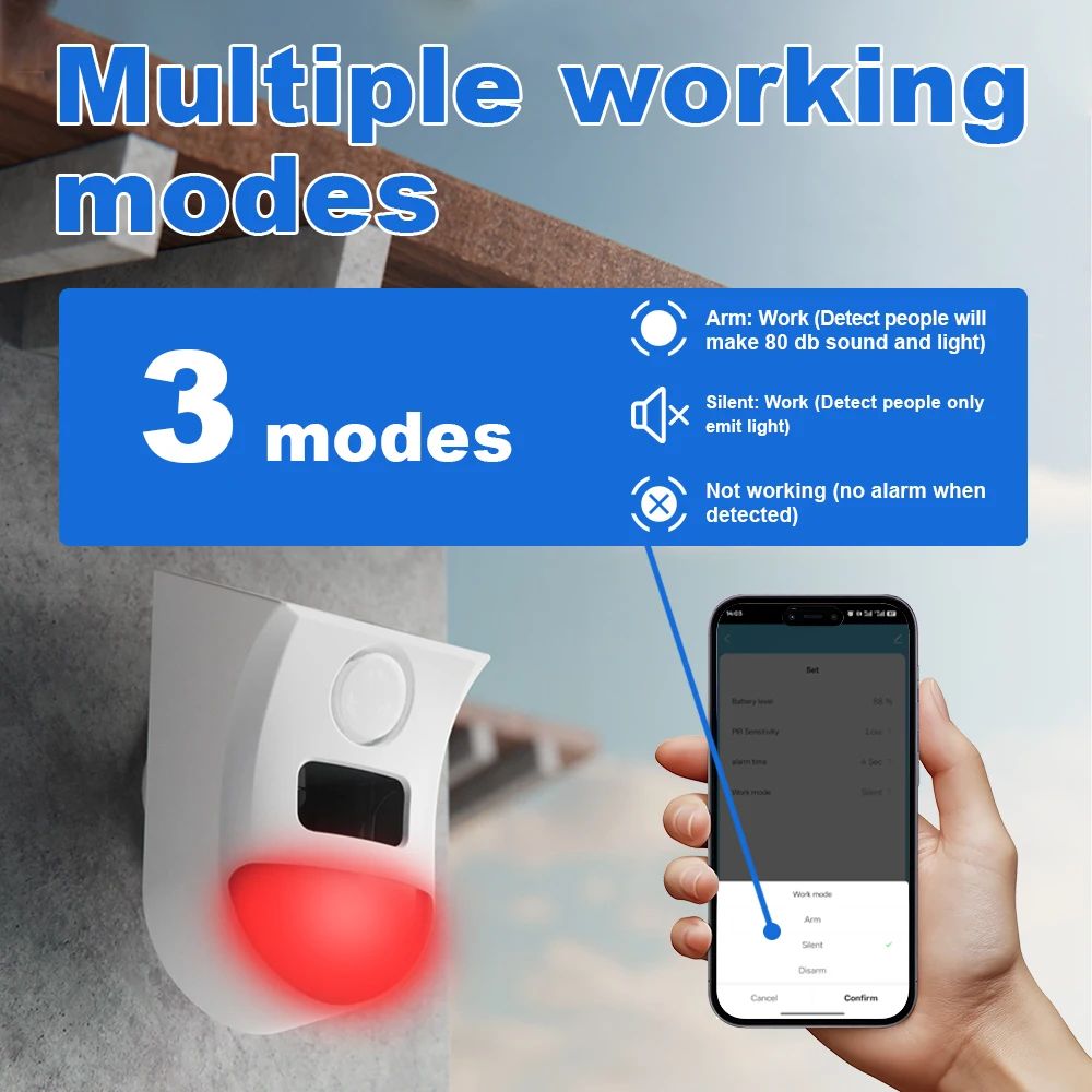 Solar PIR Outdoor WiFi Alarm with Tuya App Control, Wireless Siren and Waterproof Strobe
