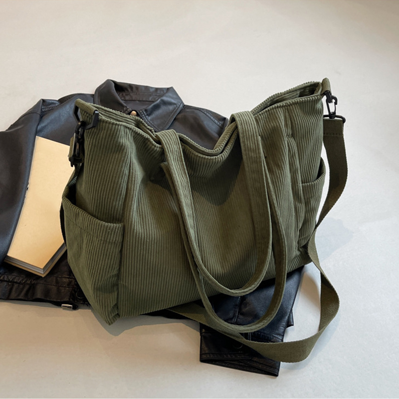 Womens Corduroy Tote Bag with Multi Pockets Adjustable Strap Zipper Shoulder Bag Casual Crossbody for Fall & Winter