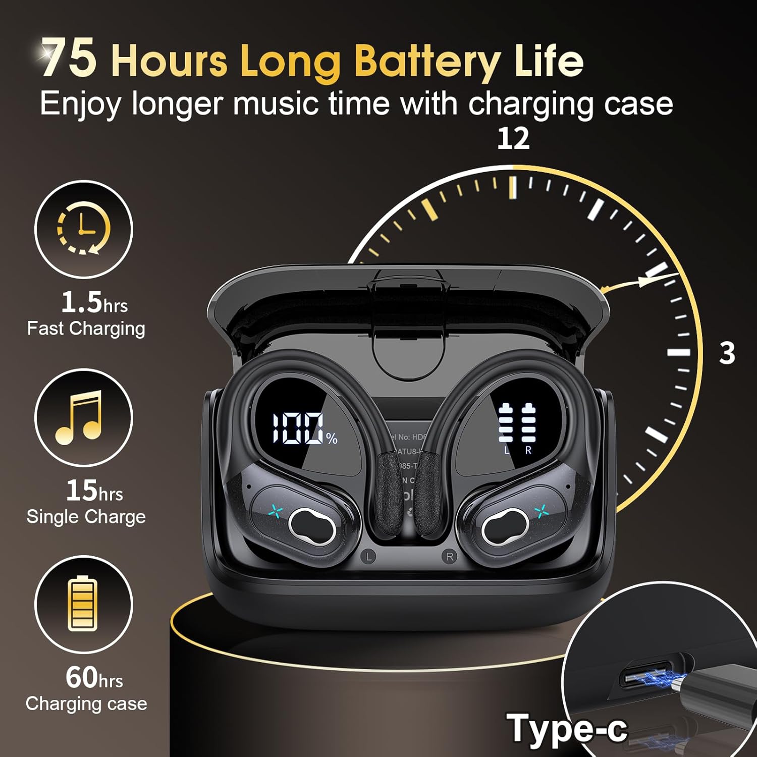 Wireless Bluetooth Earbuds with LED Display Noise Cancelling Waterproof Headphones