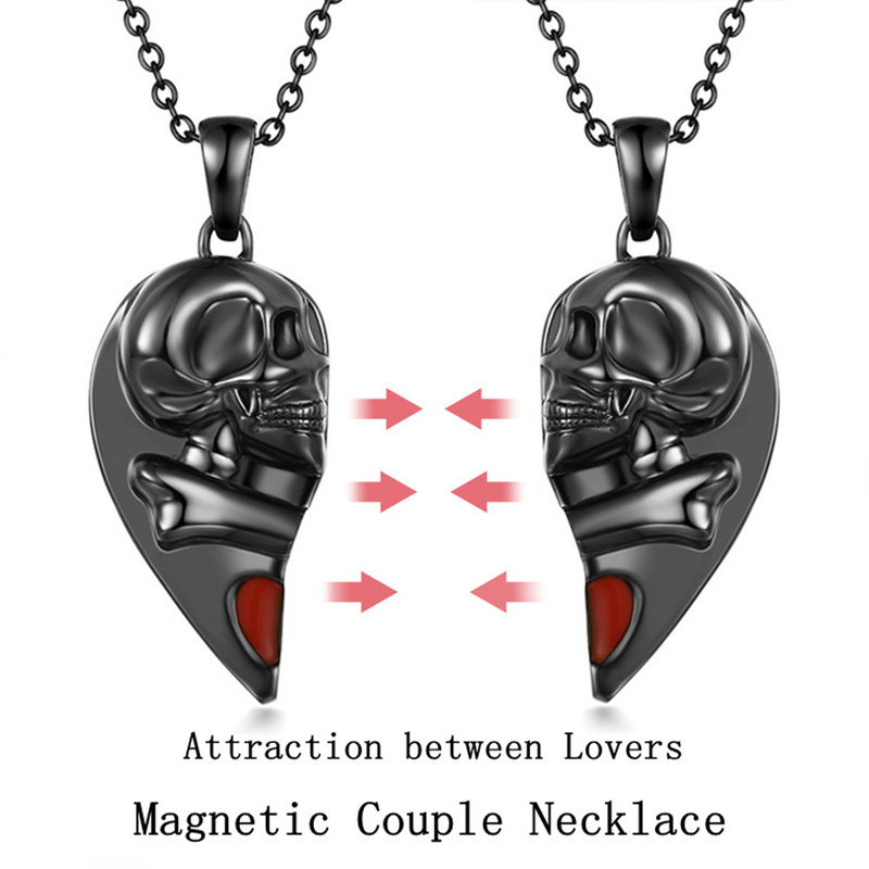 Creative Gothic Punk Skull Red Love Magnetic Heart Necklace Couple Jewelry for Women Men