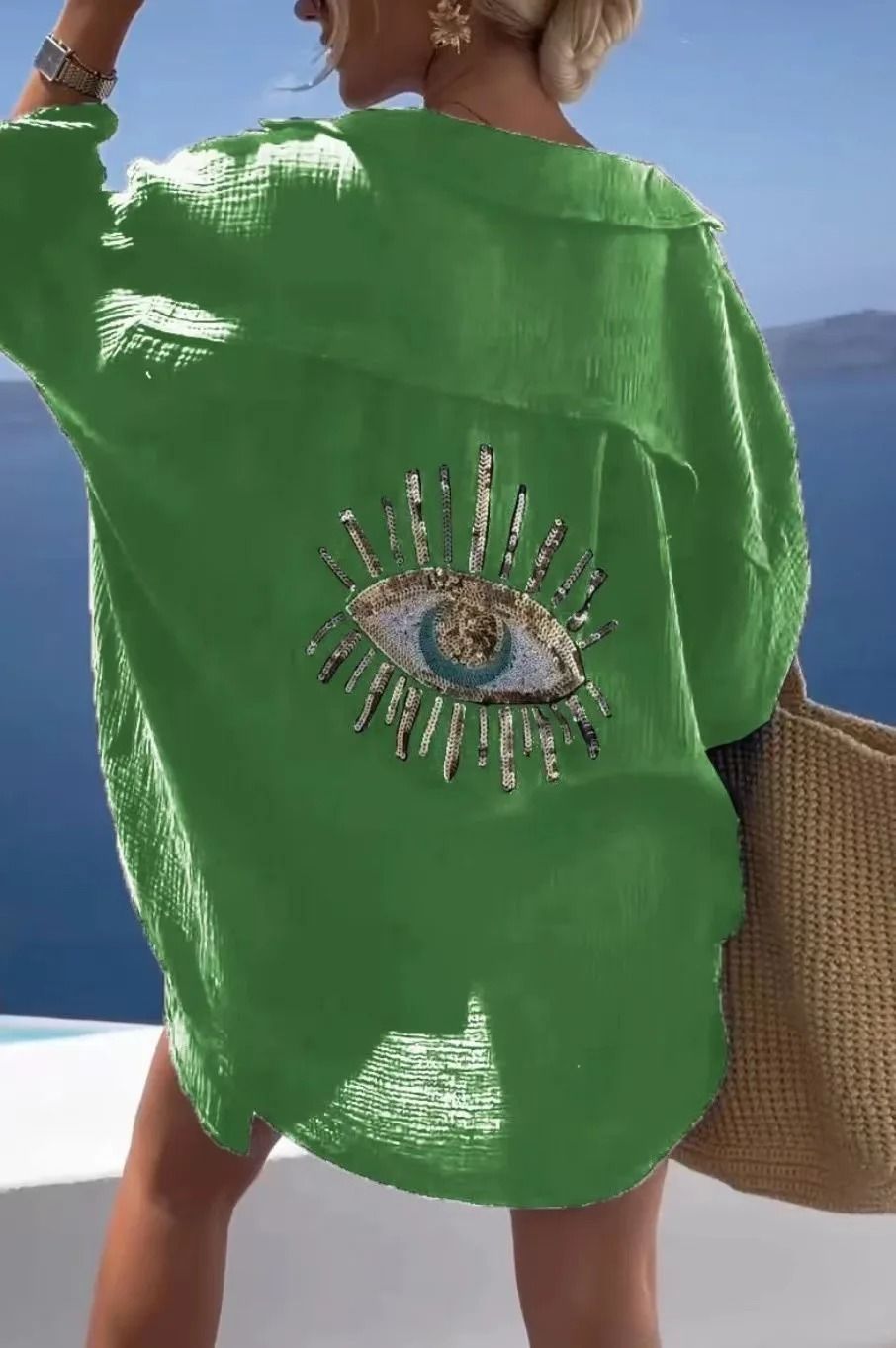 Casual Bright Sequin Evil Eye Long Sleeve Cotton Blouse