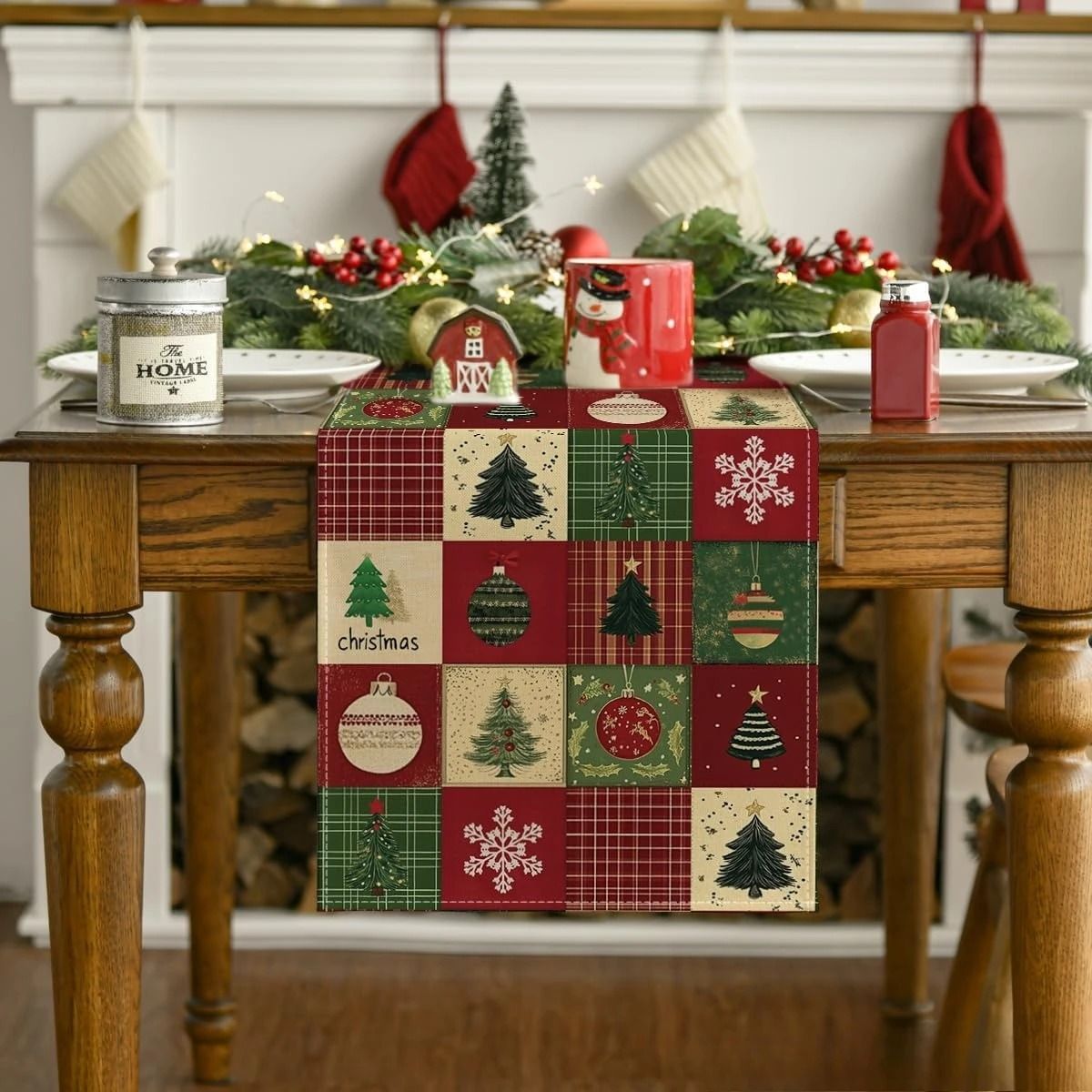 Traditional Plaid & Linen Christmas Table Runner | Festive Snowflake & Xmas Ball Holiday Decor for Dining & Kitchen