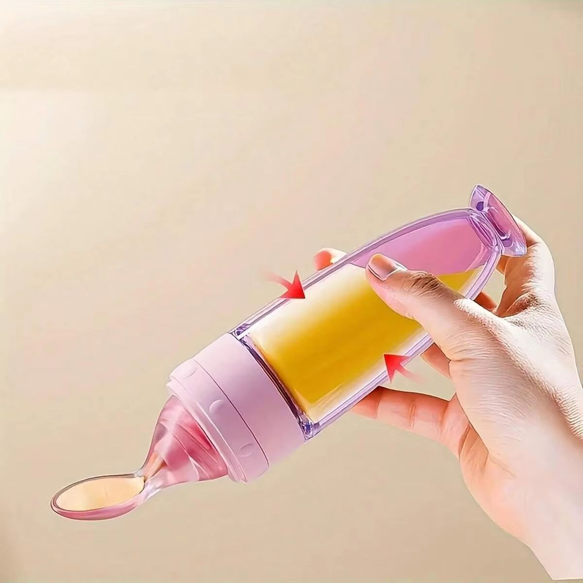 90m/3oz Portable Colorful Silicone Baby Feeder Bottle with Soft Spoon, Suction Cup & Dust Cap