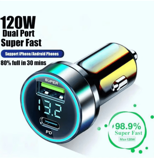 120W Dual Port Type C Car Charger Mini Fast Charging Adapter