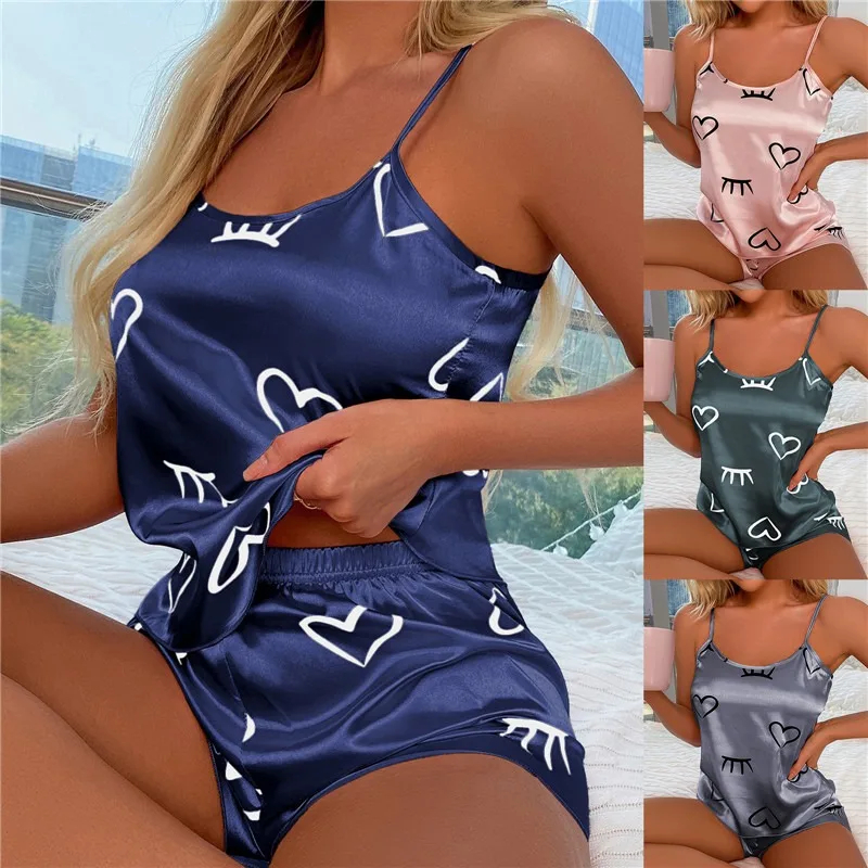 Low Cut Women Ice Silk Pajamas, Sleepwear Set, Casual Summer Camisole