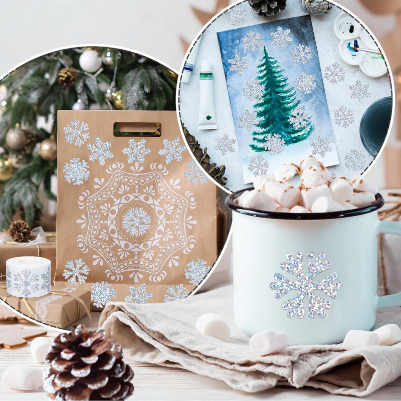 Laser Silver Winter Snowflake Stickers Roll of Christmas Waterproof Self-Adhesive
