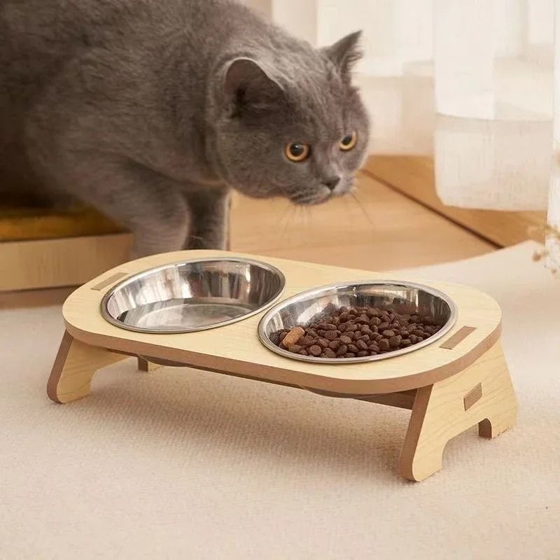 Elevated Wooden Pet Bowl With Stand For Cats And Small Dogs