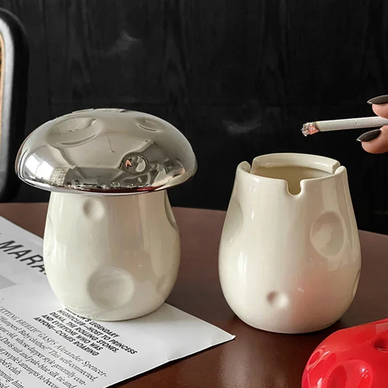 Mushroom Ceramic Ashtray with Lid Cute Decorative Smokeless Ash Holder