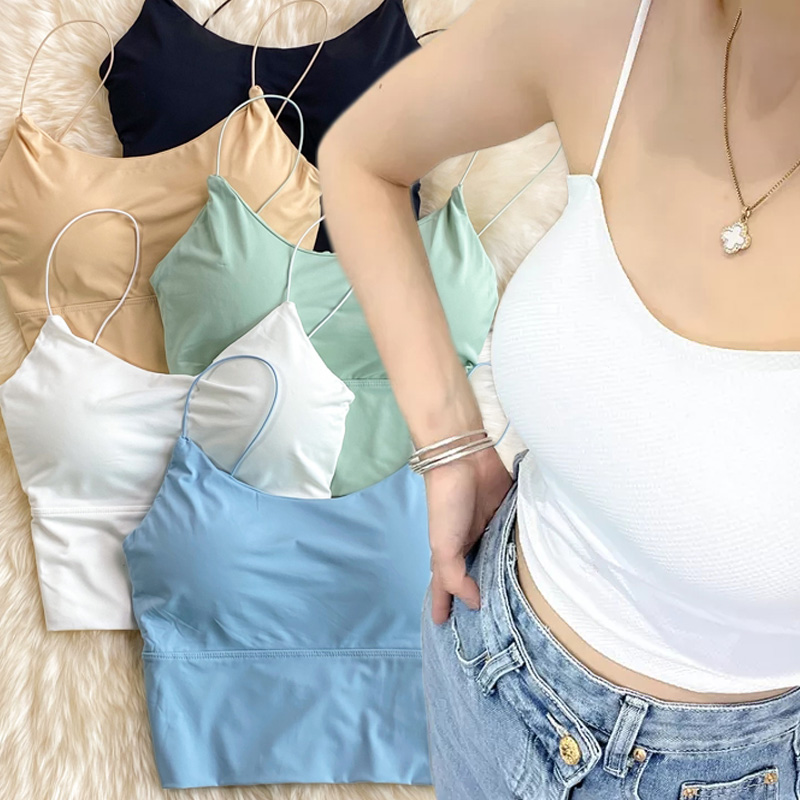 Ice Silk Summer Bra Crop Tops, Sexy Sports Spaghetti Strap Vest, Built In Bra