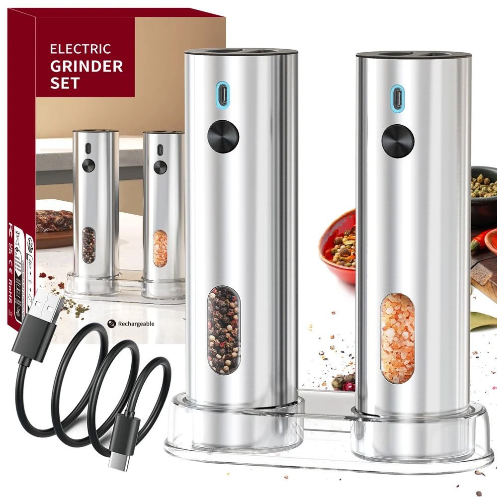 Stainless Steel Electric Pepper Grinder | USB Rechargeable Automatic Mill Set