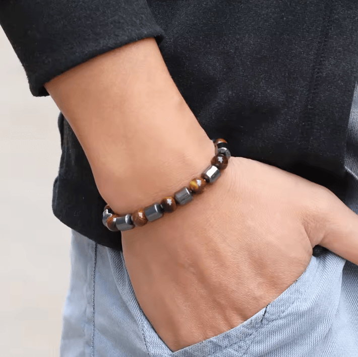 IronCore 8 mm Natural Stone Mens Bracelet – Hematite, Howlite & Tiger Eye Wristlet for Everyday Style