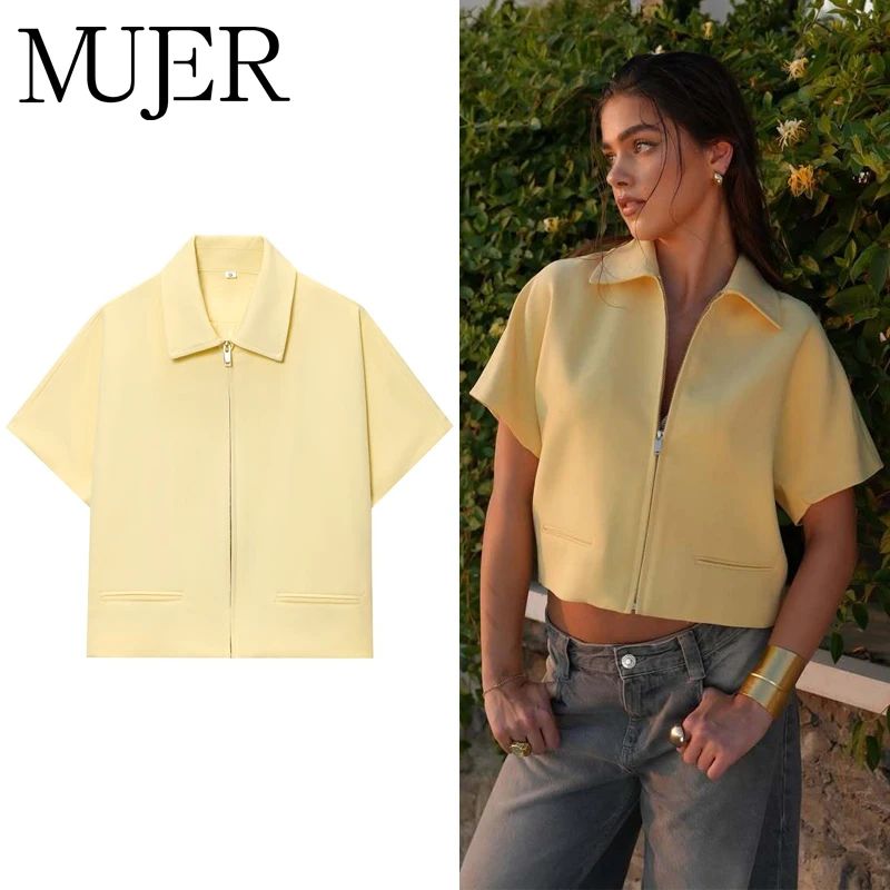 MUJER Cropped Varsity Jacket Women Zipper Casual Short Coat