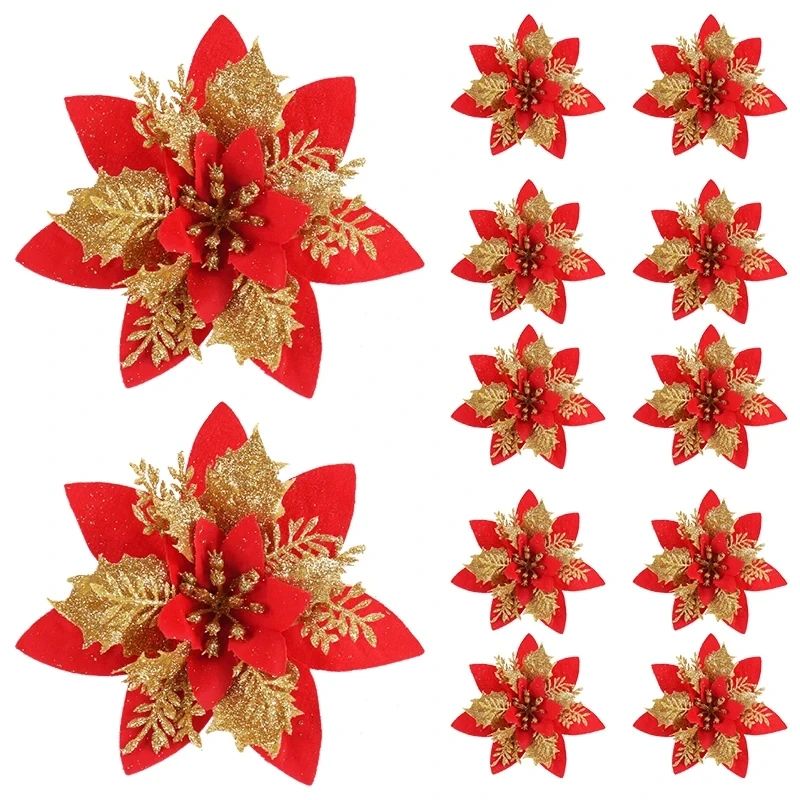 Glitter Pink Poinsettia Christmas Tree Flowers Set 5pcs