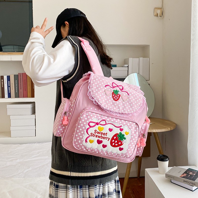 Strawberry Embroidered Girls School Backpack Cute Pink Kids Book Bag
