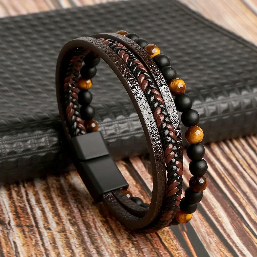 Leather Beaded Tiger Eye Multi Layer Bracelet for Men