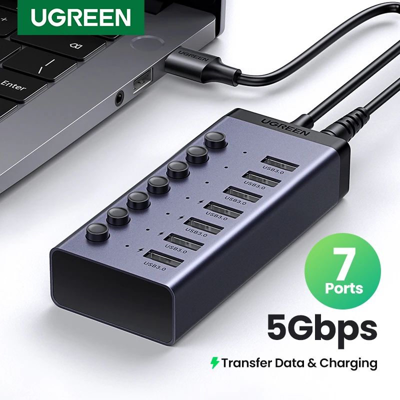 UGREEN 7-Port USB 3.0 Hub with Individual Switches & Power Adapter