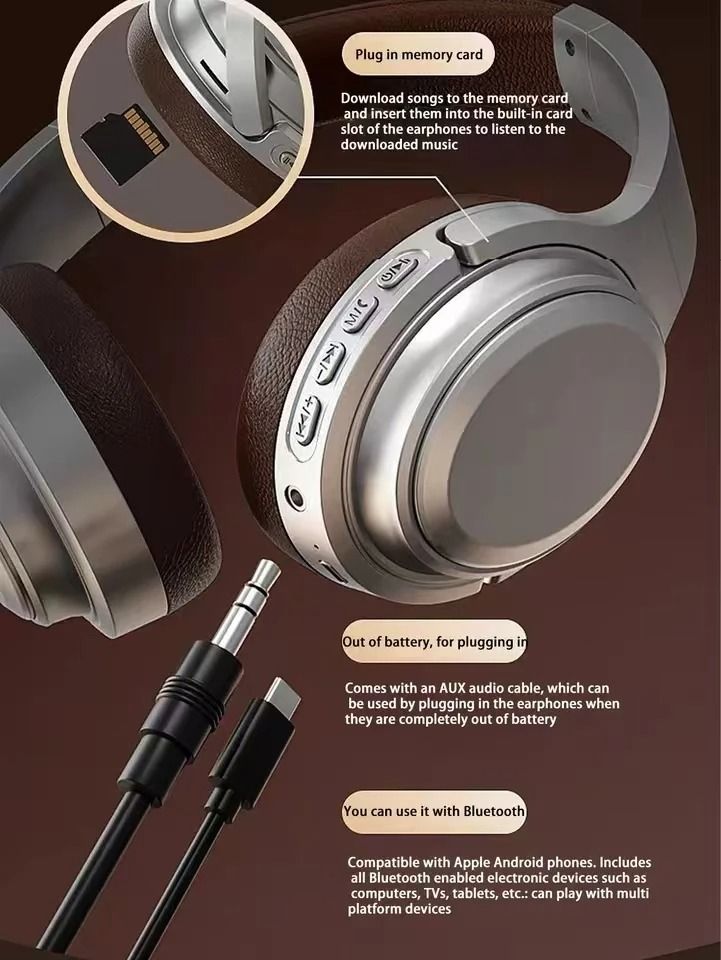 Metal Design Wireless Bluetooth Headphones HiFi Stereo Headset