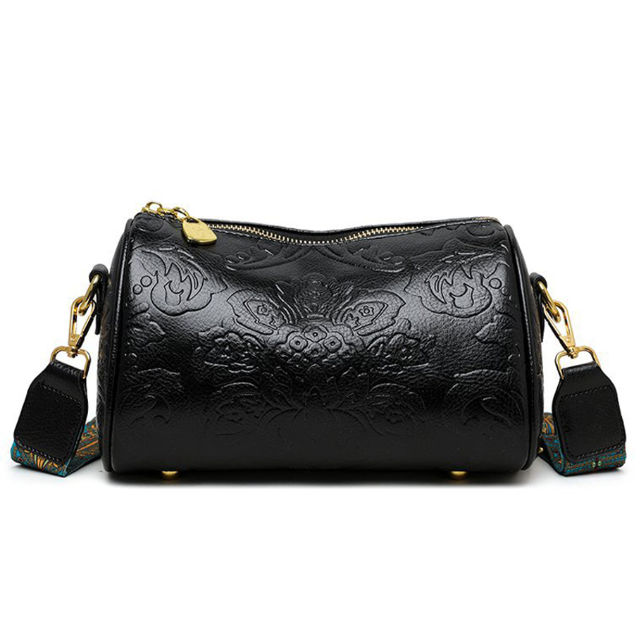 Fashionable Chinese Style Retro Womens Cylindrical Shoulder Crossbody Bag Embossed & Chic
