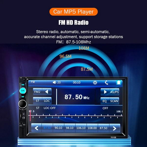 Bluetooth MP5 Car Player, Double 2 DIN Touch Screen Stereo, HD Radio with Camera, Hands-Free, Steering Wheel Control