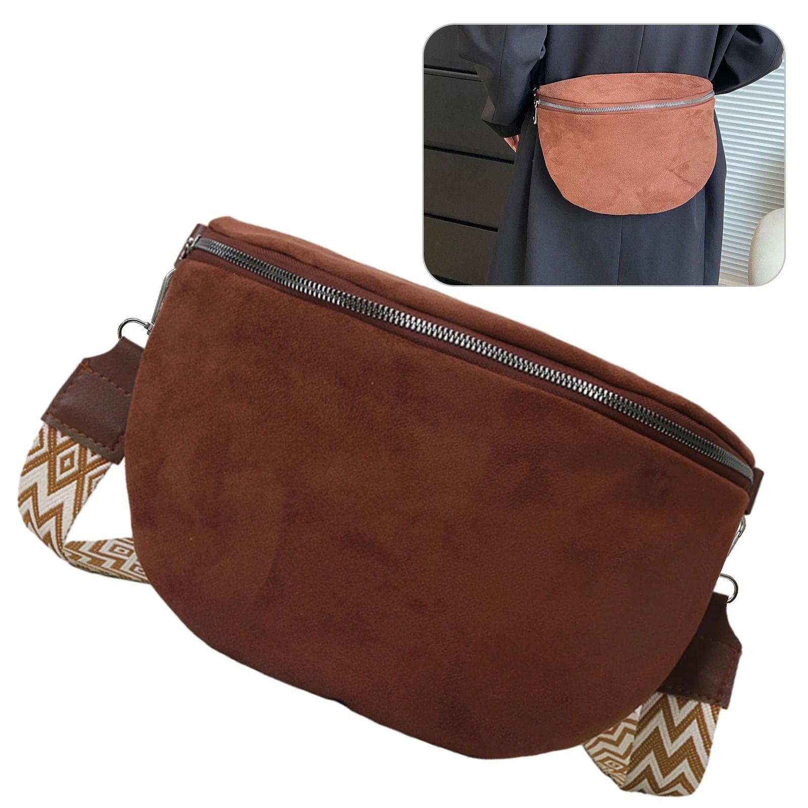 Fashion Suede Women Waist Bag Retro Half Moon Chest Bag with Wide Strap