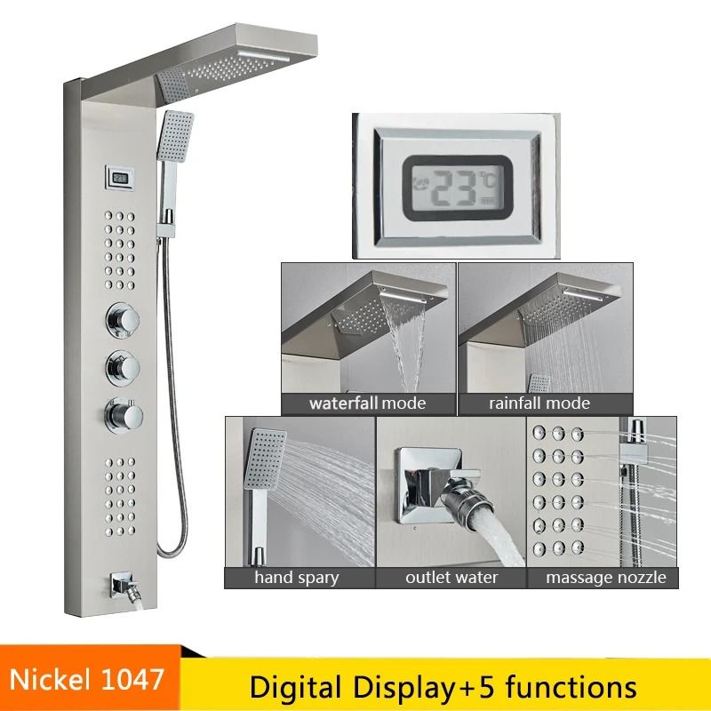 LED Rainfall Shower Panel with Digital Display and Massage Jets