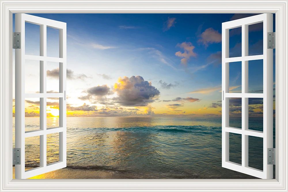 3D Beach Window View Wall Sticker – Ocean Sky Landscape Peel & Stick PVC Wallpaper