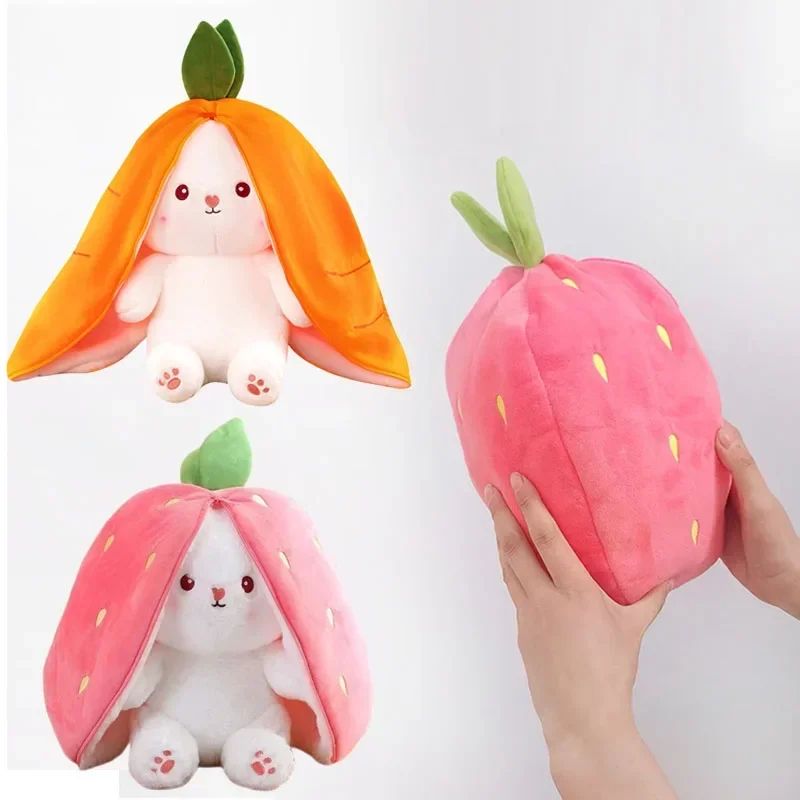 Transformable Bunny Plush Toy – Cute Strawberry & Carrot Rabbit Stuffed Doll for Kids