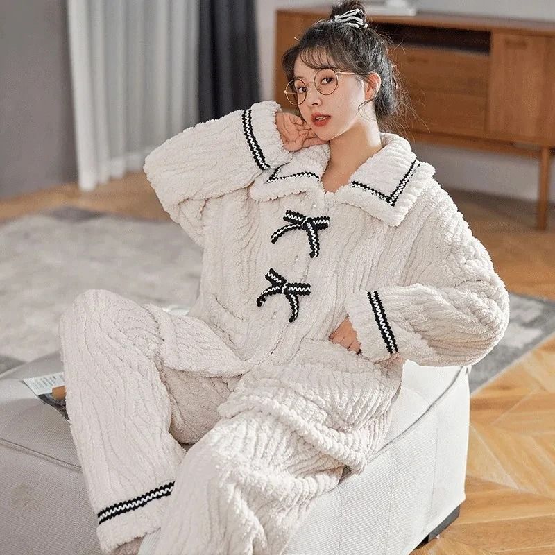 Womens Winter Pajama Set Thick Warm Womens Flannel Pajamas Cozy 2 Piece Sleepwear