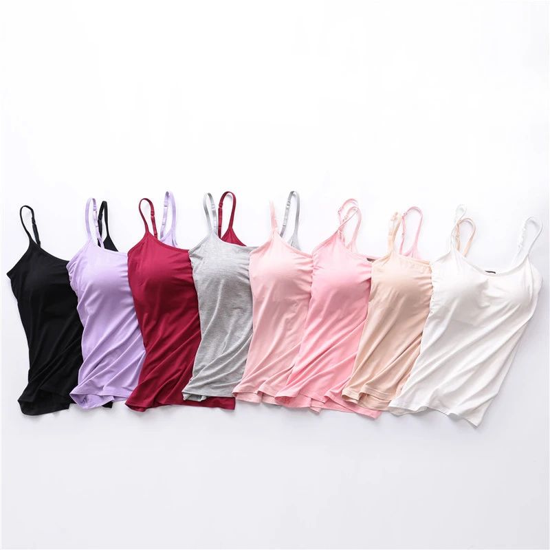 Womens Solid Padded Spaghetti Strap Cami – Built-In Bra Sexy Slim Tank Top 2024