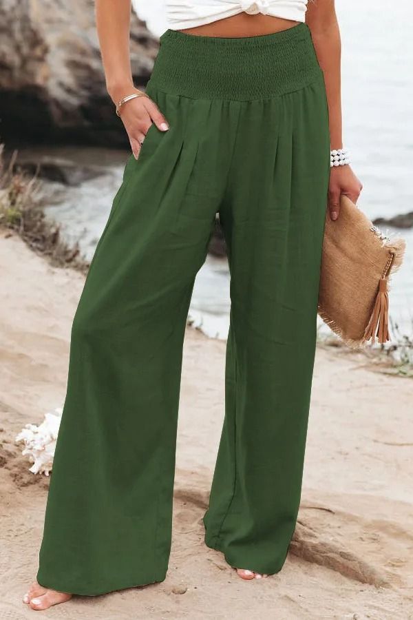 Women Drawstring Wide Leg Casual Pants Mid Waist Beach Trousers