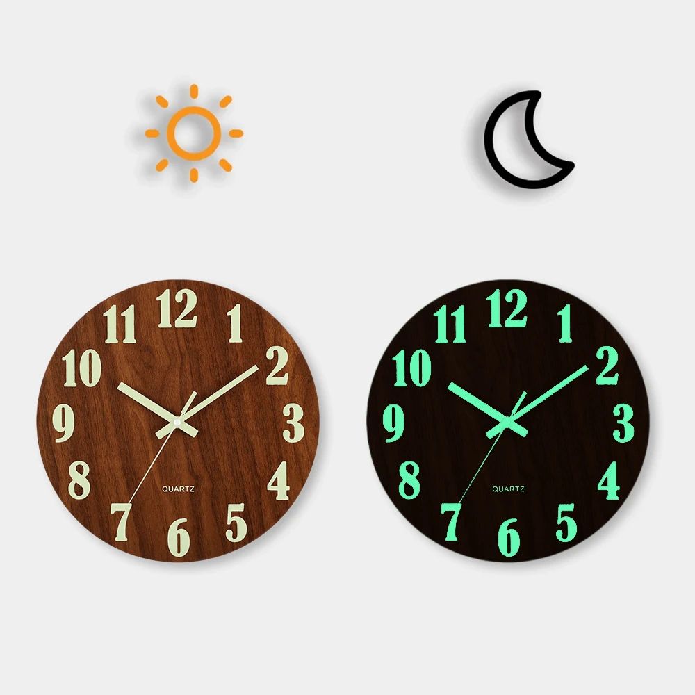 Nordic Silent Luminous Wooden Wall Clock with Night Glow Display