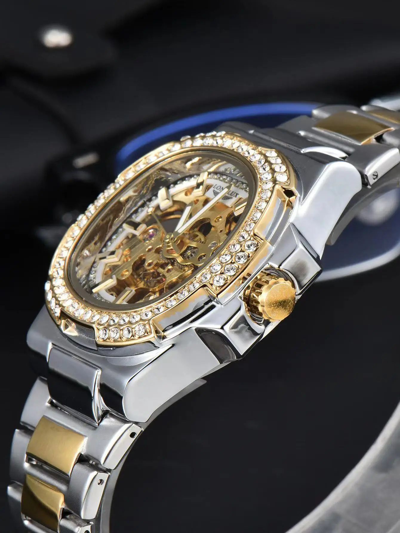 LONGLUX Luxury Skeleton Automatic Men's Diamond Stainless Steel Watch