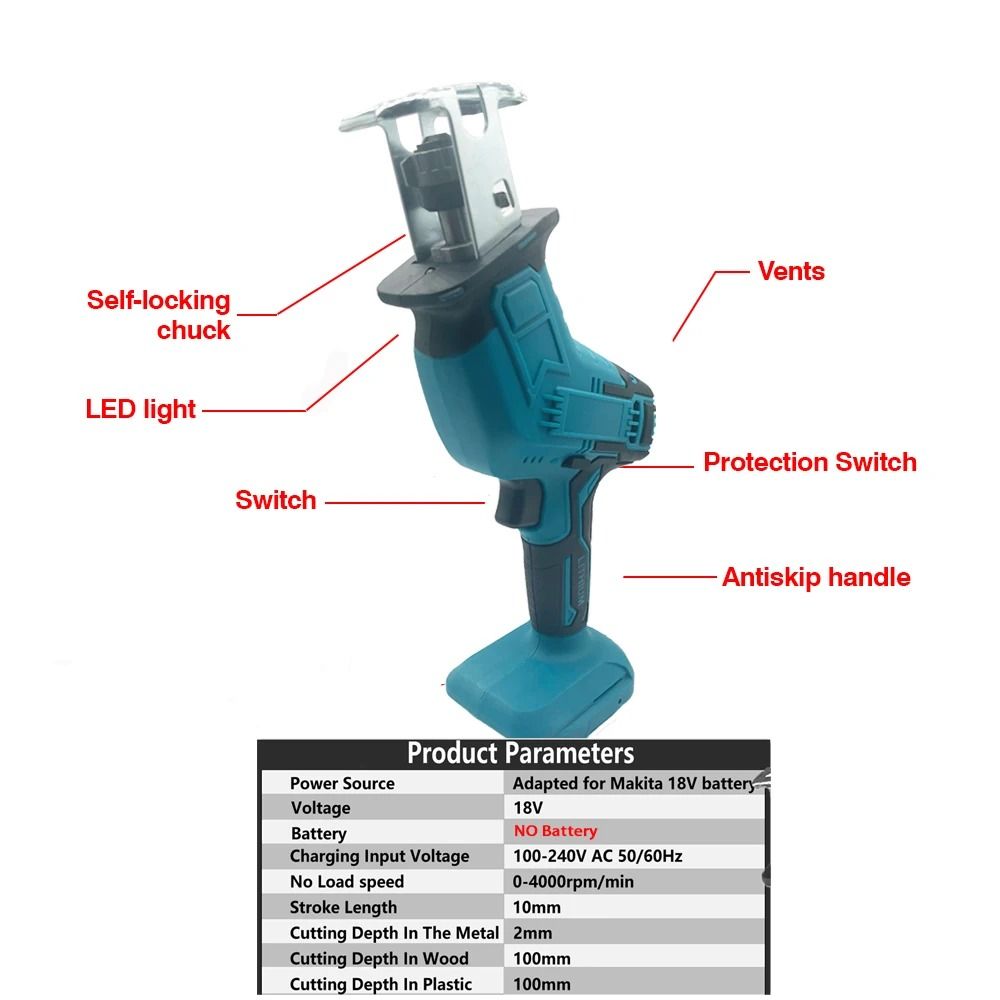 Cordless Electric Reciprocating Saw for Wood and Metal Cutting Portable Lithium Battery Power Tool