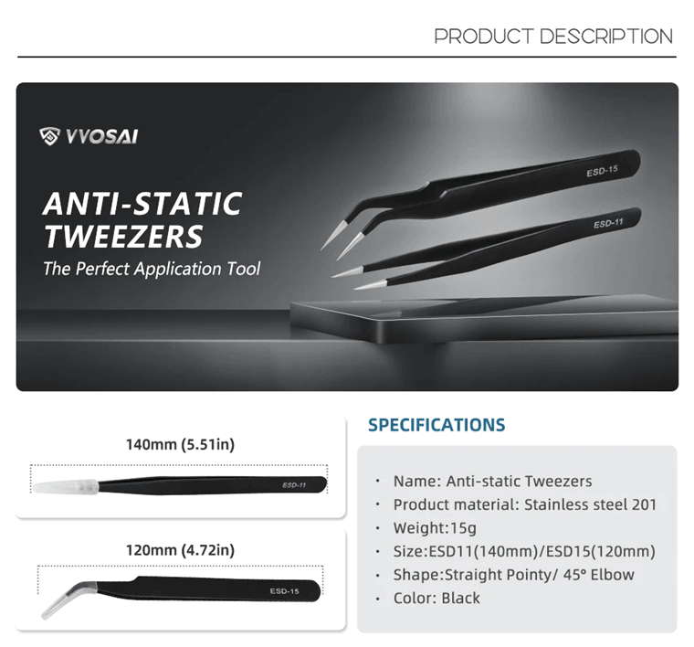 VVOSAI Anti Static Precision Tweezers Set for Phone and IC Repair