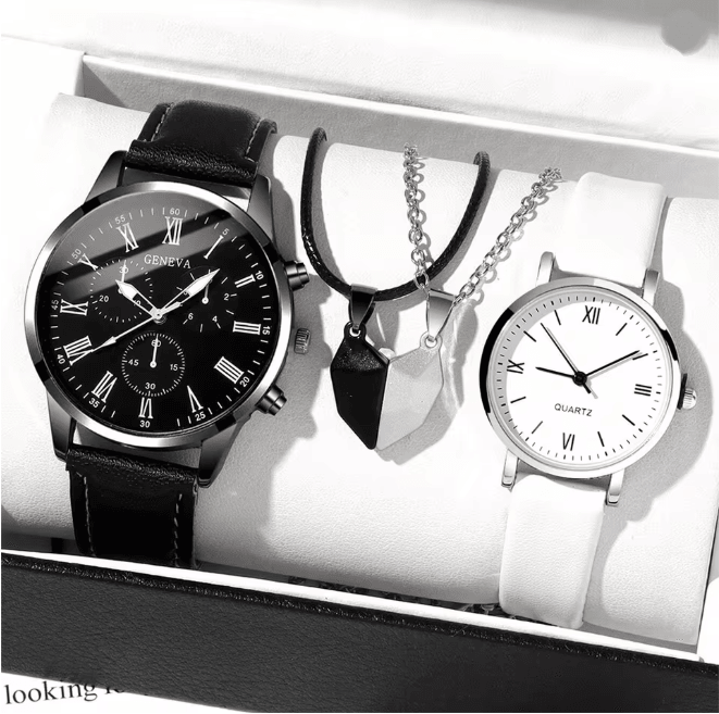 Couple Leather Quartz Watch Set Simple Casual Dial