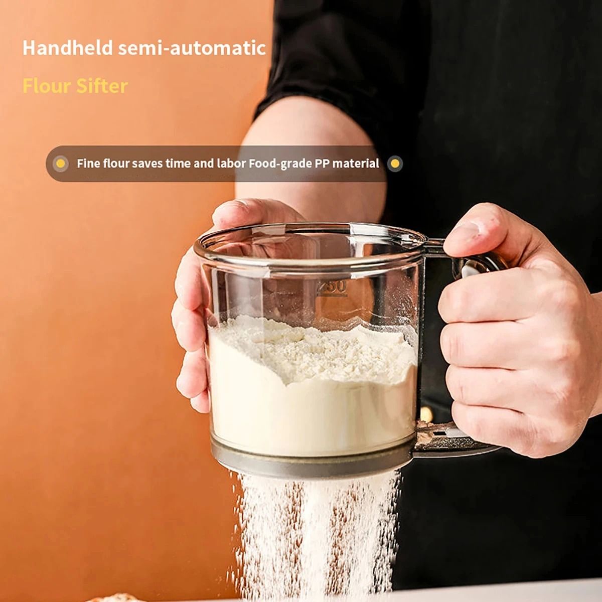 Semi Automatic Flour Sifter Cup with 40 Mesh Stainless Steel Screen and Measuring Scale