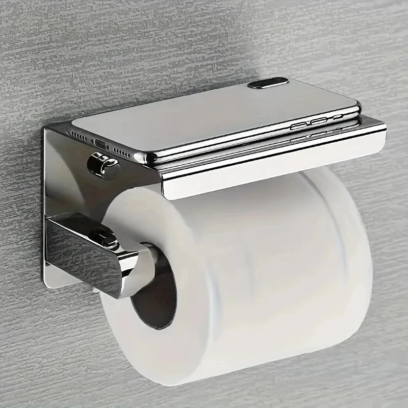 Stainless Steel Adhesive Toilet Paper Holder with Shelf No Drill Bathroom Organizer