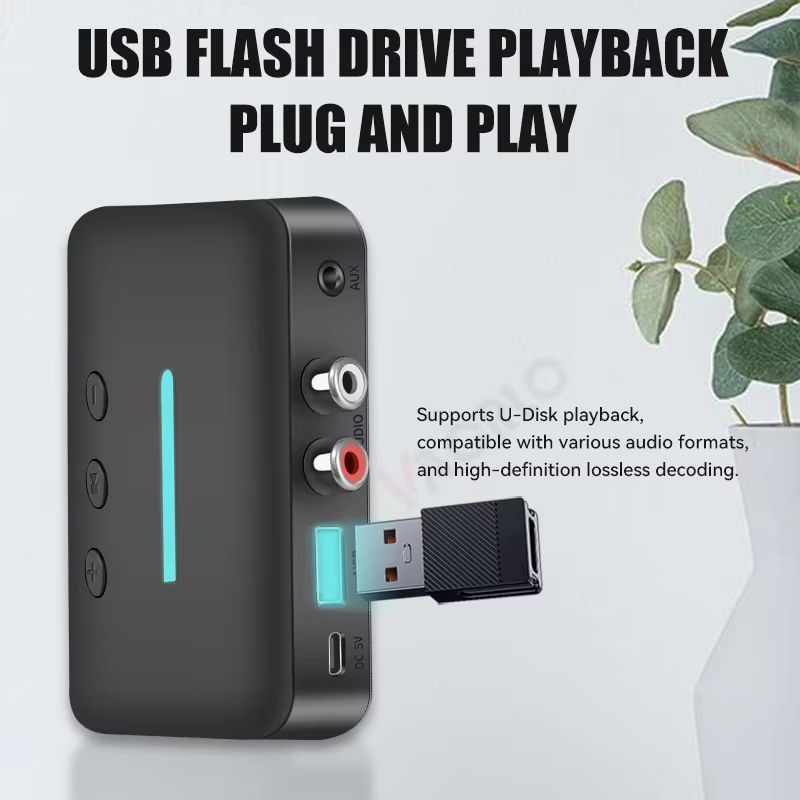 USB Bluetooth 5.3 Audio Receiver Adapter Wireless AUX RCA Stereo Receiver with U-Disk Playback for Desktop, Speakers