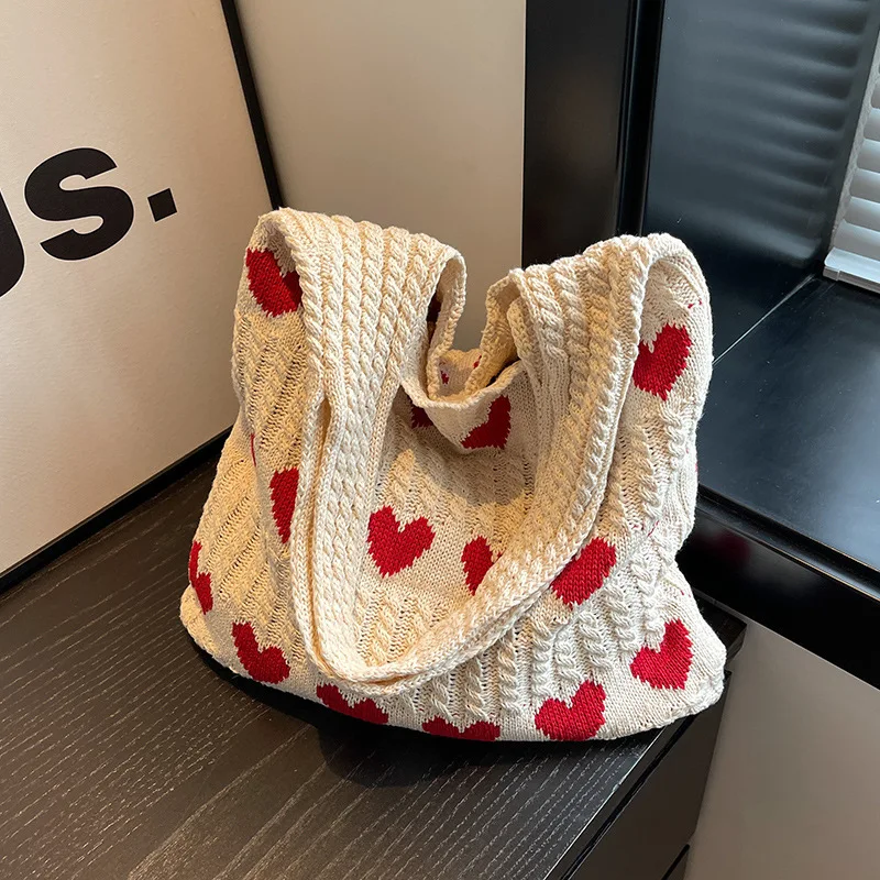 Summer Women's Handmade Knitted Bag Woolen Underarm Shoulder Love Bag