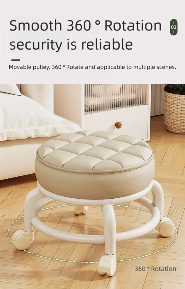 PU Leather Rolling Stool with Wheels Low Profile Padded Seat